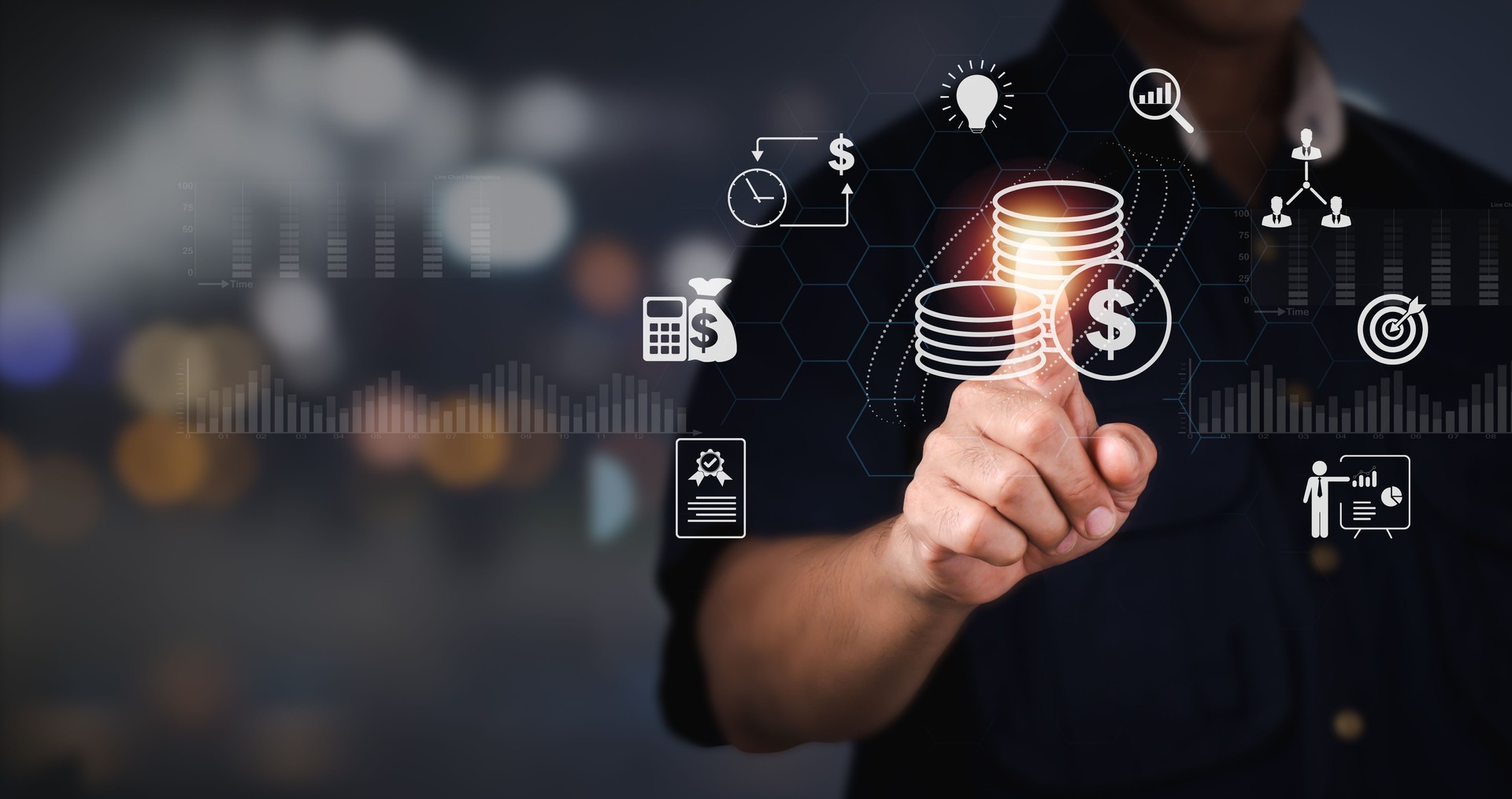 Budget and financial planning concept including a management or executive CFO estimating the company's yearly income and costs. Corporate finance and the annual strategy plan