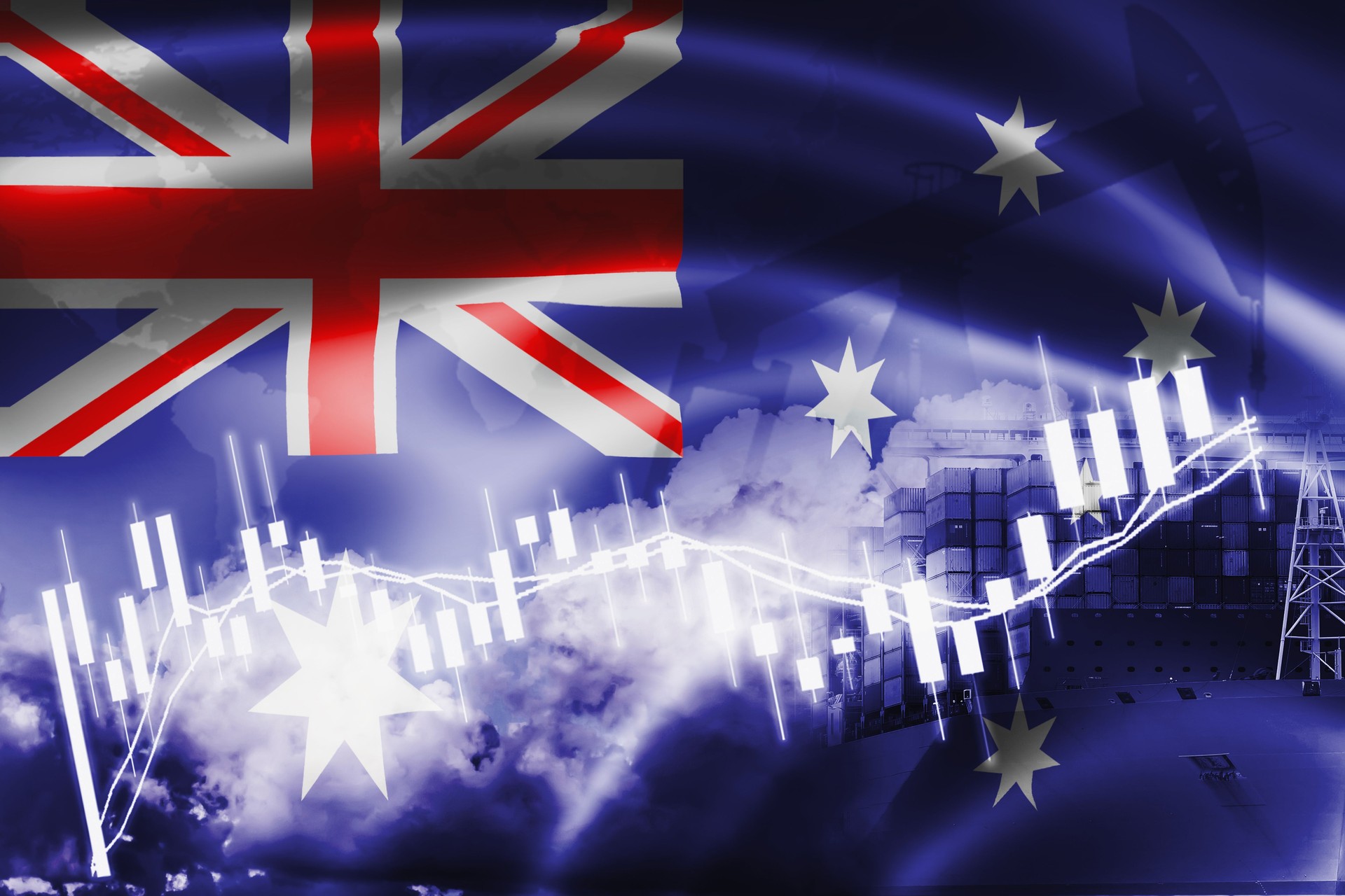 Australian flag, stock market, exchange economy and Trade, oil production, container ship in export and import business and logistics.